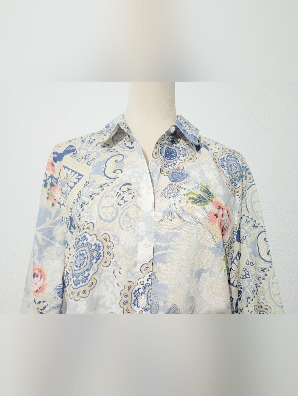 Chico's No-Iron 100% Linen Floral Paisley Button Front Tunic Shirt Medium Woman - Picture 4 of 12